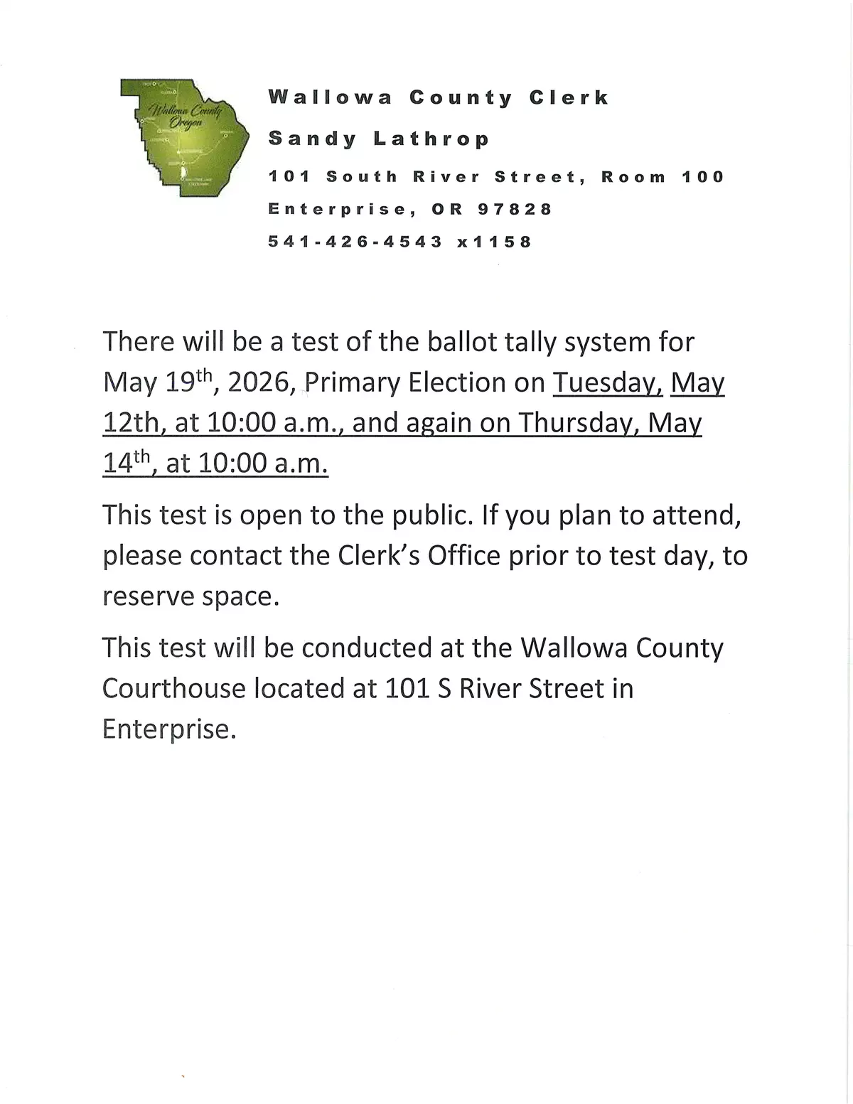 Ballot Tally System Test Announcement