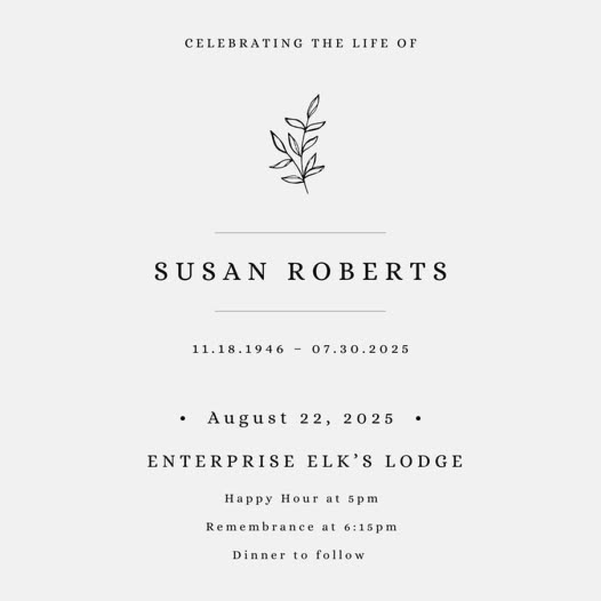 Celebrating the Life of Susan Roberts Invitation