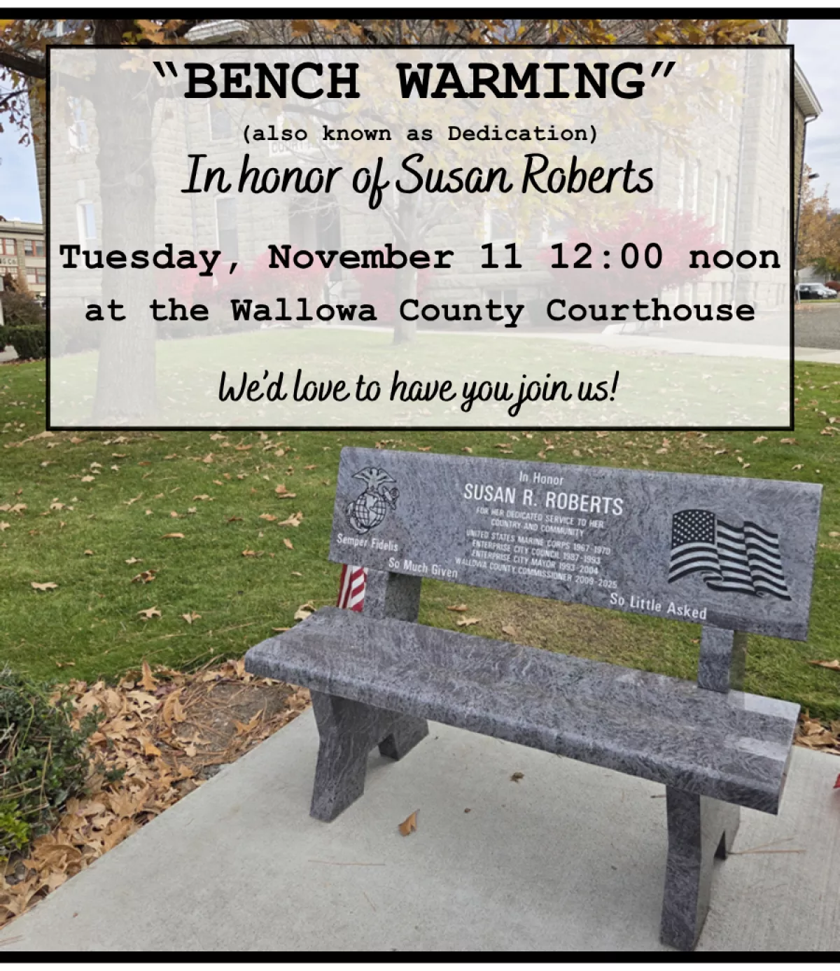 Susan Roberts Bench Warming Invitation